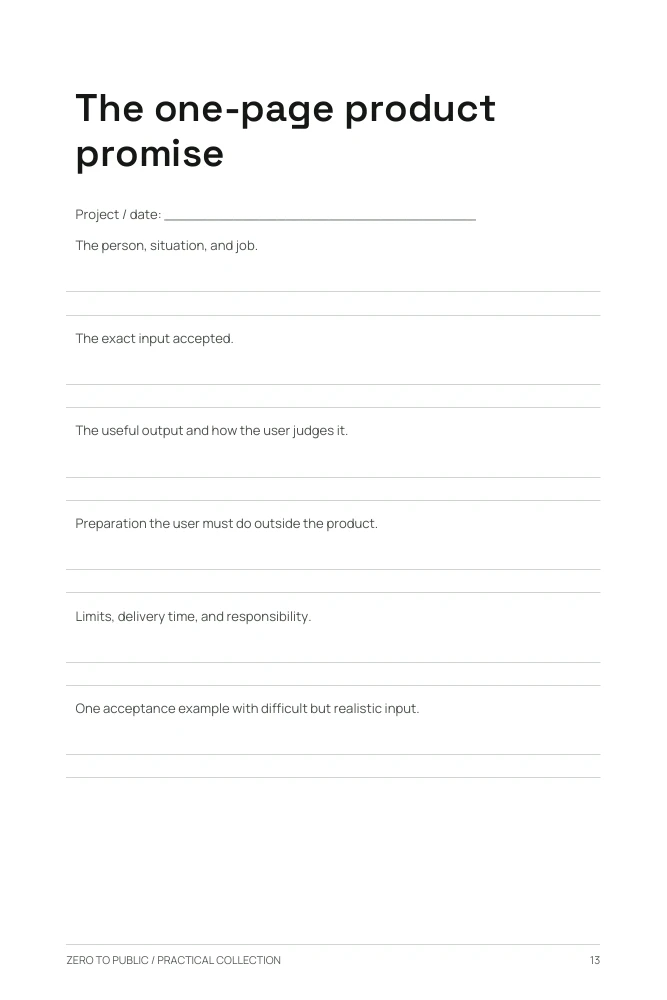 Product promise worksheet with fields for the user, input, useful output, preparation and limits