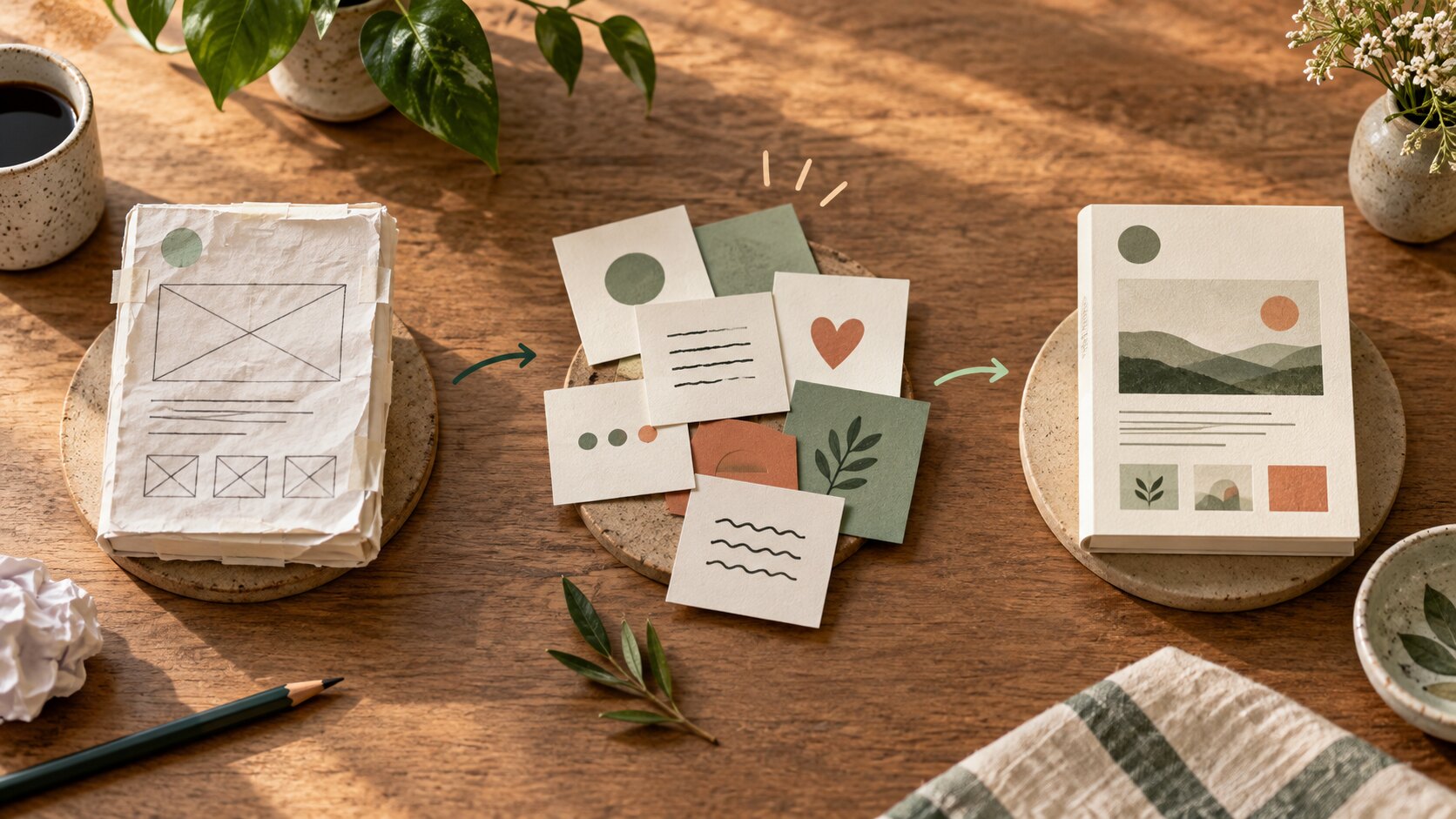 Illustration of a small product moving from rough prototype through feedback to a clearer next version.