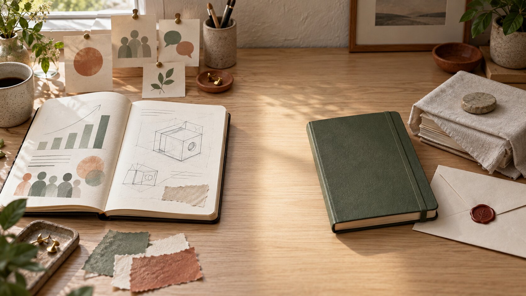 Illustration of a founder's desk divided between visible public progress and protected private evidence.